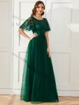 Women’s A-Line Sequin Leaf Maxi Prom Dress with Sleeves – Dark Green