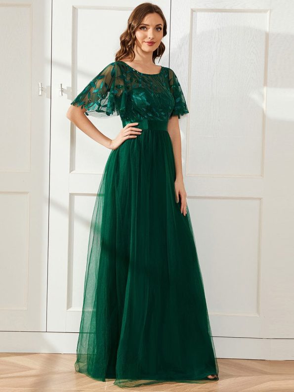 Women's A-Line Sequin Leaf Maxi Prom Dress with Sleeves - Dark Green