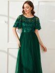 Women’s A-Line Sequin Leaf Maxi Prom Dress with Sleeves – Dark Green