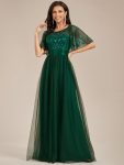 Women’s A-Line Sequin Leaf Maxi Prom Dress with Sleeves – Dark Green