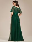 Women’s A-Line Sequin Leaf Maxi Prom Dress with Sleeves – Dark Green