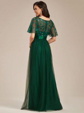 Women's A-Line Sequin Leaf Maxi Prom Dress with Sleeves - Dark Green