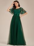 Women’s A-Line Sequin Leaf Maxi Prom Dress with Sleeves – Dark Green