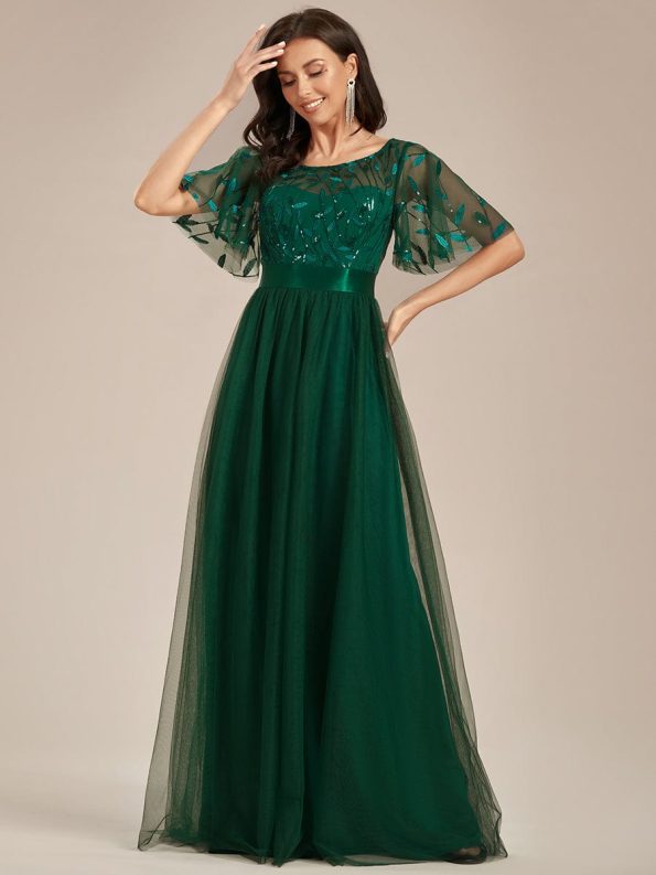 Women's A-Line Sequin Leaf Maxi Prom Dress with Sleeves - Dark Green