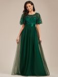 Women’s A-Line Sequin Leaf Maxi Prom Dress with Sleeves – Dark Green