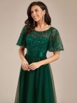 Women’s A-Line Sequin Leaf Maxi Prom Dress with Sleeves – Dark Green