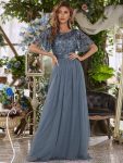 Women’s A-Line Sequin Leaf Maxi Prom Dress with Sleeves – Dusty Navy