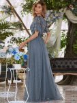 Women’s A-Line Sequin Leaf Maxi Prom Dress with Sleeves – Dusty Navy