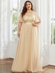 Women’s A-Line Sequin Leaf Maxi Prom Dress with Sleeves – Gold