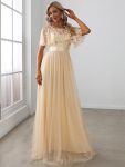 Women’s A-Line Sequin Leaf Maxi Prom Dress with Sleeves – Gold