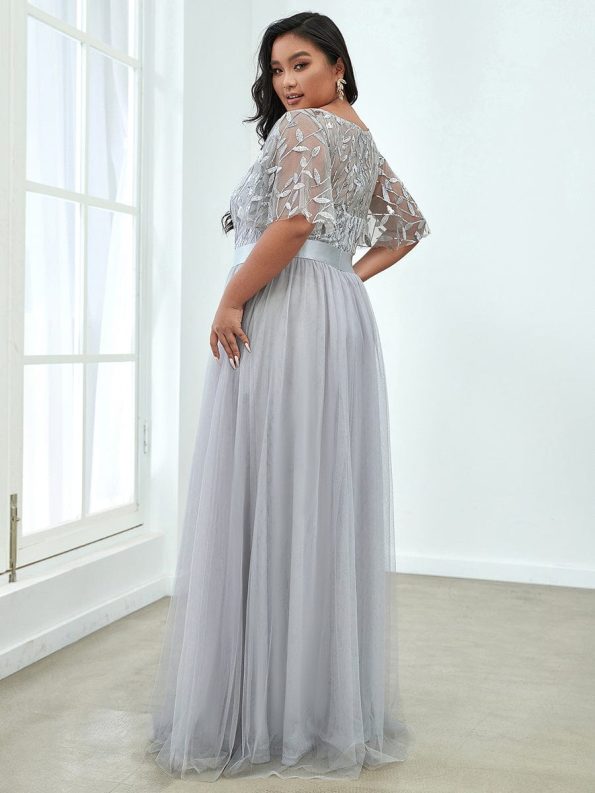 Women's A-Line Short Sleeve Embroidery Floor Length Evening Dresses - Grey