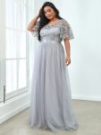 Women’s A-Line Short Sleeve Embroidery Floor Length Evening Dresses – Grey