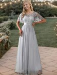 Women’s A-Line Short Sleeve Embroidery Floor Length Evening Dresses – Grey