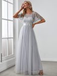 Women’s A-Line Short Sleeve Embroidery Floor Length Evening Dresses – Grey