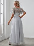 Women’s A-Line Short Sleeve Embroidery Floor Length Evening Dresses – Grey