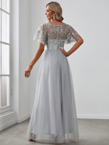 Women's A-Line Short Sleeve Embroidery Floor Length Evening Dresses - Grey