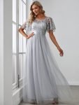 Women’s A-Line Short Sleeve Embroidery Floor Length Evening Dresses – Grey