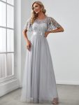 Women’s A-Line Short Sleeve Embroidery Floor Length Evening Dresses – Grey