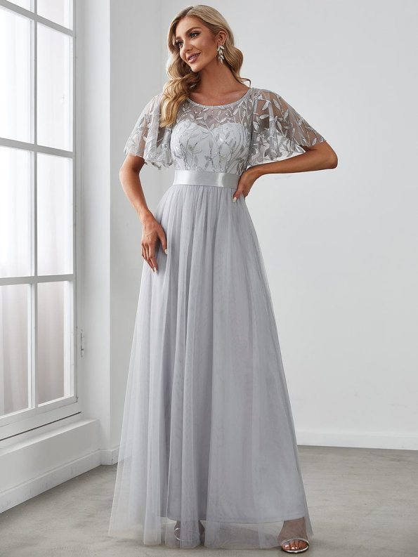 Women's A-Line Short Sleeve Embroidery Floor Length Evening Dresses - Grey