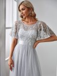 Women’s A-Line Short Sleeve Embroidery Floor Length Evening Dresses – Grey