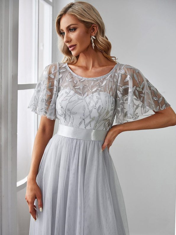 Women's A-Line Short Sleeve Embroidery Floor Length Evening Dresses - Grey