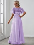 Women’s A-Line Sequin Leaf Maxi Prom Dress with Sleeves – Lavender