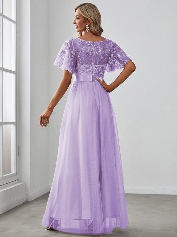 Women's A-Line Sequin Leaf Maxi Prom Dress with Sleeves - Lavender