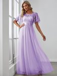 Women’s A-Line Short Sleeve Embroidery Floor Length Evening Dresses – Lavender