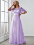 Women's A-Line Short Sleeve Embroidery Floor Length Evening Dresses - Lavender