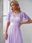 Women’s A-Line Sequin Leaf Maxi Prom Dress with Sleeves – Lavender