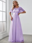 Women’s A-Line Short Sleeve Embroidery Floor Length Evening Dresses – Lavender