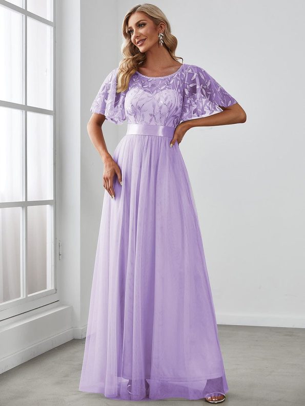 Women's A-Line Short Sleeve Embroidery Floor Length Evening Dresses - Lavender