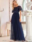 Women’s A-Line Sequin Leaf Maxi Prom Dress with Sleeves – Navy Blue