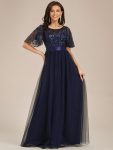 Women’s A-Line Sequin Leaf Maxi Prom Dress with Sleeves – Navy Blue