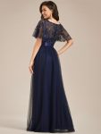 Women’s A-Line Sequin Leaf Maxi Prom Dress with Sleeves – Navy Blue