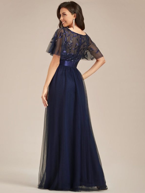 Women's A-Line Sequin Leaf Maxi Prom Dress with Sleeves - Navy Blue