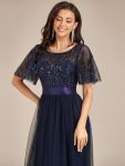 Women’s A-Line Sequin Leaf Maxi Prom Dress with Sleeves – Navy Blue