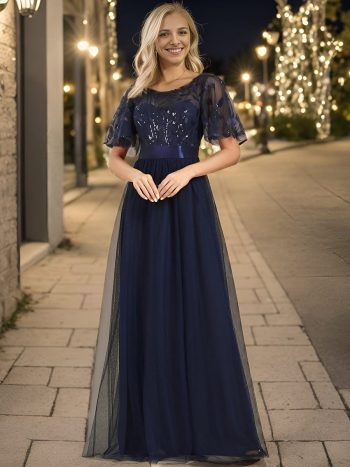 Women's A-Line Sequin Leaf Maxi Prom Dress with Sleeves - Navy Blue