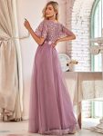 Women’s A-Line Sequin Leaf Maxi Prom Dress with Sleeves – Purple Orchid