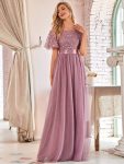 Women’s A-Line Sequin Leaf Maxi Prom Dress with Sleeves – Purple Orchid