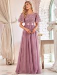 Women’s A-Line Sequin Leaf Maxi Prom Dress with Sleeves – Purple Orchid