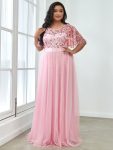 Women’s A-Line Short Sleeve Embroidery Floor Length Evening Dresses – Pink