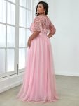 Women’s A-Line Short Sleeve Embroidery Floor Length Evening Dresses – Pink