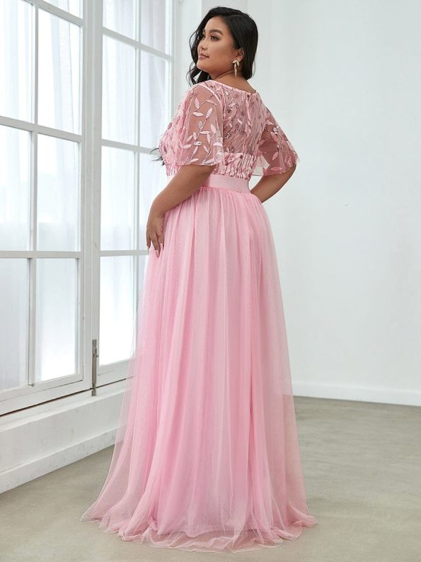 Women's A-Line Short Sleeve Embroidery Floor Length Evening Dresses - Pink