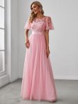 Women’s A-Line Sequin Leaf Maxi Prom Dress with Sleeves – Pink