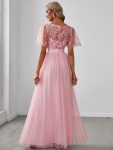 Women’s A-Line Short Sleeve Embroidery Floor Length Evening Dresses – Pink