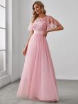 Women’s A-Line Short Sleeve Embroidery Floor Length Evening Dresses – Pink