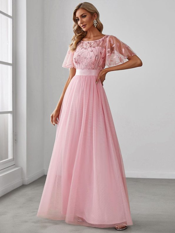 Women's A-Line Short Sleeve Embroidery Floor Length Evening Dresses - Pink