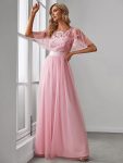 Women’s A-Line Short Sleeve Embroidery Floor Length Evening Dresses – Pink