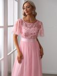 Women’s A-Line Short Sleeve Embroidery Floor Length Evening Dresses – Pink